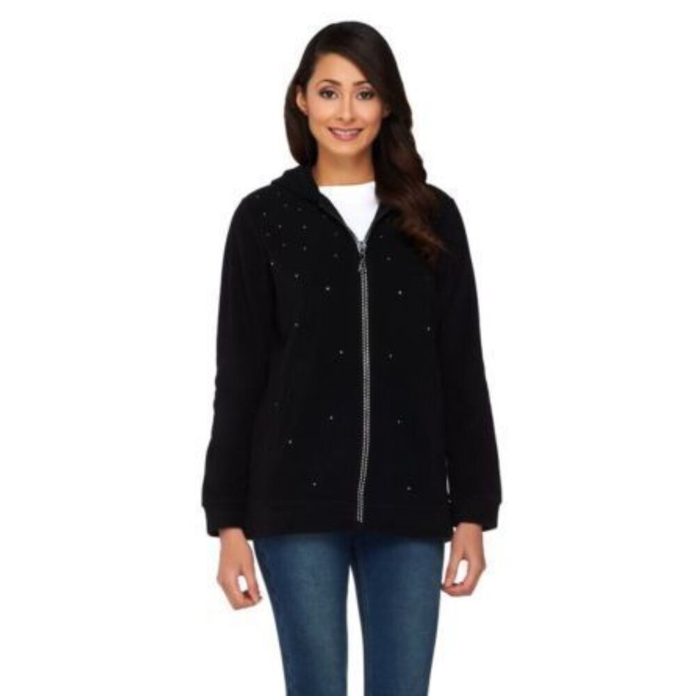 The Quacker Factory Rhinestone Hooded Zip Up Sweater Jacket Bling Faux Fur - Picture 6 of 6
